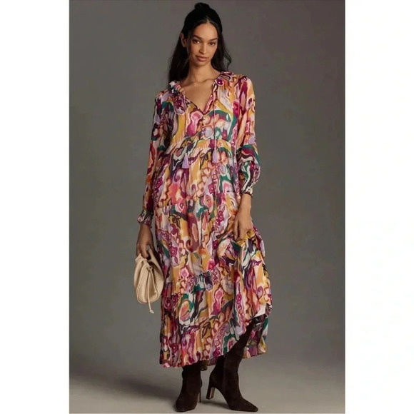 Anthropologie The Marais Printed Chiffon Maxi Dress Long Sleeve Small - Picture 1 of 12